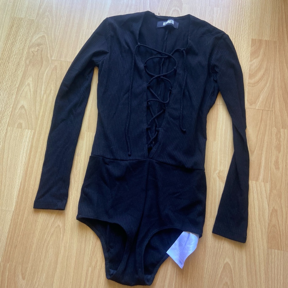Reformation lace up the front long sleeve ribbed bodysuit